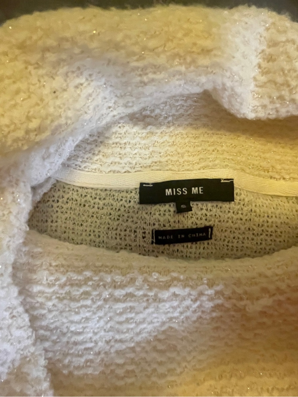 Miss Me White Turtle/Cowl Neck Sweater with Golden Shimmer Throughout - Picture 4 of 5